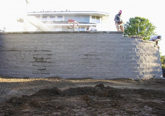 The retaining wall is nearly finished.